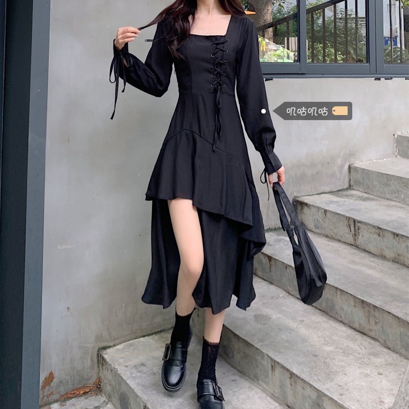 Đầm đen đan dây black gothic vạt lệch siêu cá tính style HQ