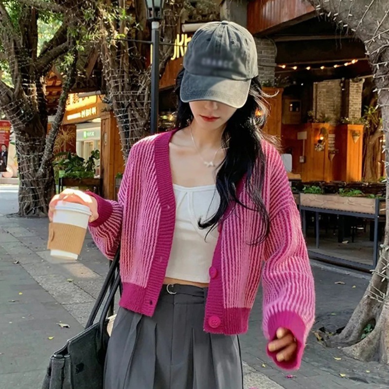 Áo Khoác Cardigan Dệt Kim Cổ Chữ V Họa Tiết Kẻ Sọc Màu Tương Phản Phong Cách Hàn Quốc Cho Nữ