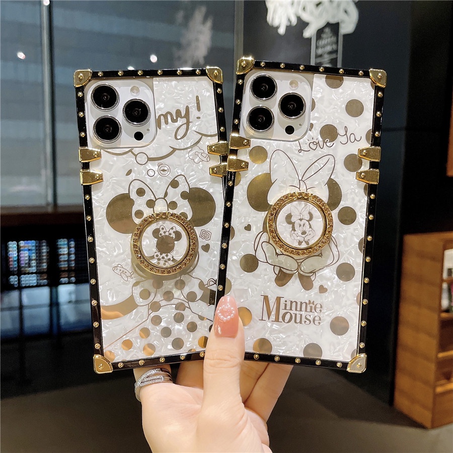 Ốp Điện Thoại Hình Vuông Họa Tiết Chuột Minnie Gắn Nhẫn Đỡ Thời Trang Cho iPhone 14 13 12 11 Pro Max