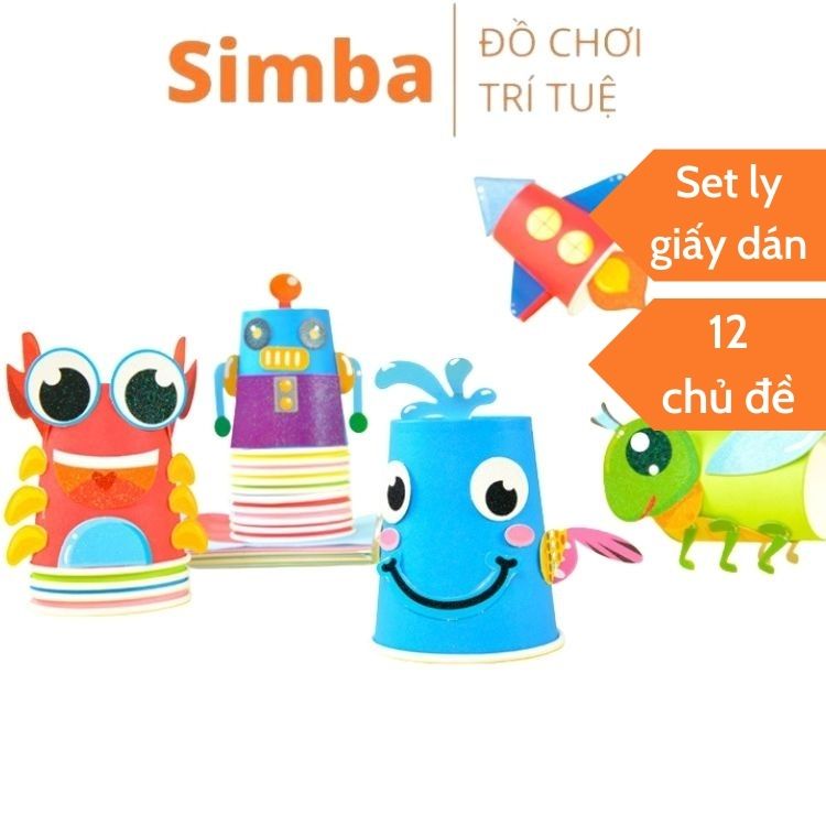 Đồ chơi dán cốc giấy thủ công 12 cốc hình ảnh động vật cho bé - Bộ hình dán màu thủ công tạo hình cốc giấy