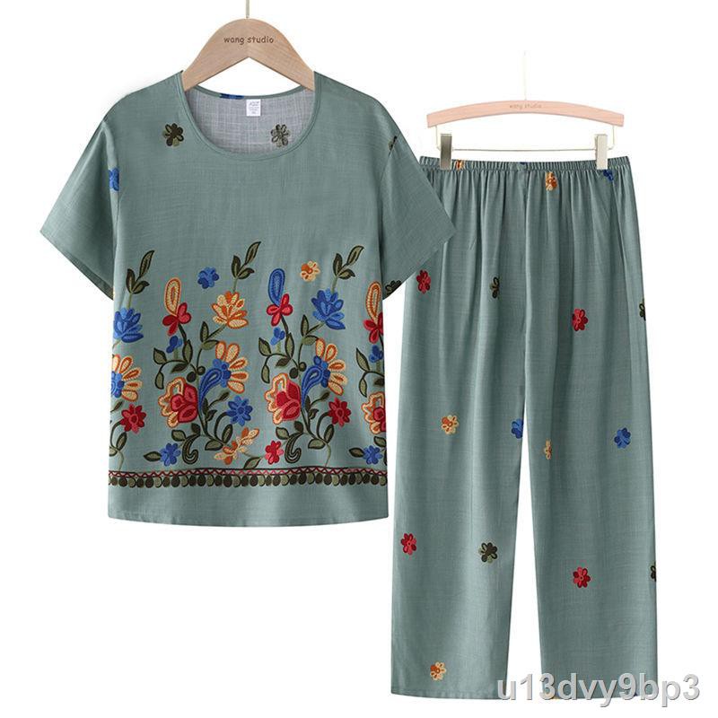 Bộ đồ ngủ dành cho phụ nữ bằng lụa cotton trung niên và cao tuổi, mặc bên ngoài kiểu mỏng phục vụ tại nhà bà ngo