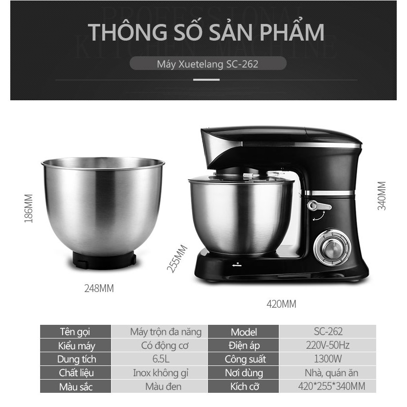 Máy nhào bột đánh trứng cỡ lớn đa năng bát inox 5 lít /6.5 lít trộn salad 3 trong 1 toàn tự động