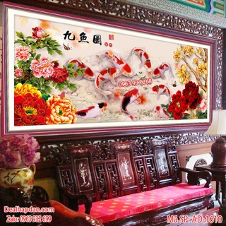 Tranh đính đá cửu ngư quần hội khổ lớn 201x85cm