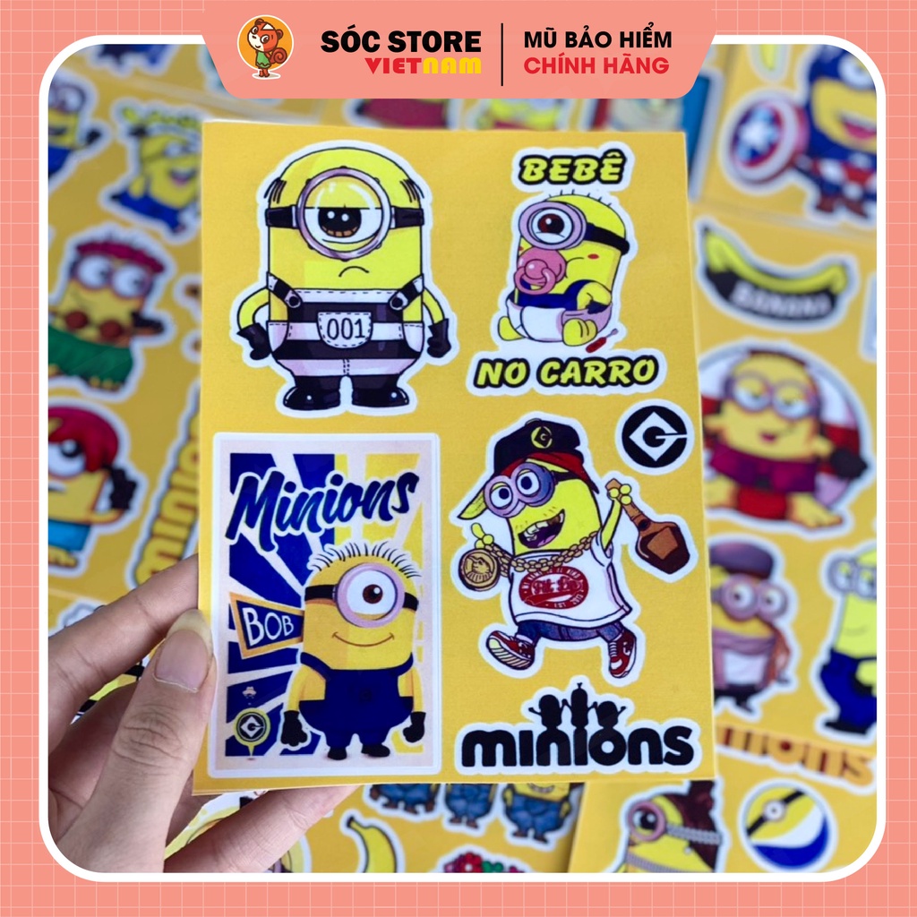 Sticker Minions Sóc Store chống nước custom, dán trang trí mũ bảo hiểm nửa đầu, nón bảo hiểm 3 phần 4