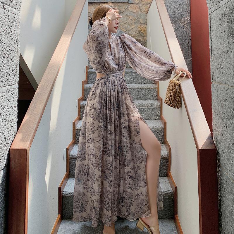 Super fairy seaside resort Chiffon thin beach skirt French long skirt floral dress minority design sense female summer