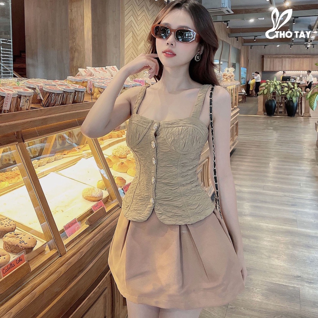 Set áo kiểu nút đồng mix chân váy tafta THỎ TÂY S429X335