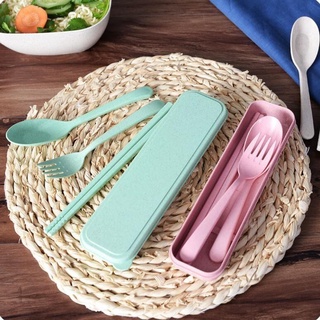 Bộ 3 món đũa thìa dĩa lúa mạch có hộp đựng an toàn tiện lợi