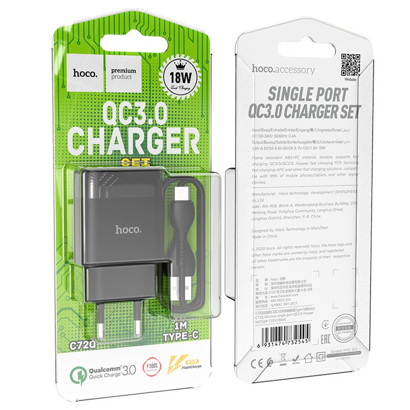 Bộ sạc nhanh xiaomi samsung oppo .. chính hãng HOCO 3A - 18W - Củ sạc kèm dây sạc type c cho android
