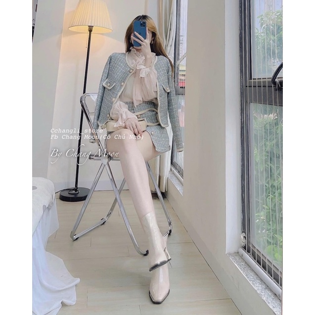 Set Dạ Dây Viền Cúc Ngọc Màu Xanh
