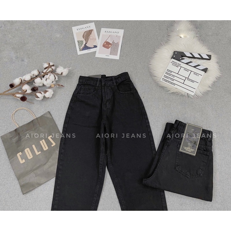 Quần Jean Nữ Aiori Fashion Baggy Lưng Cao Trơn Màu Đen Quần Bò Cạp Cao Phong Cách Thời Trang Hàn Quốc_Mã 081
