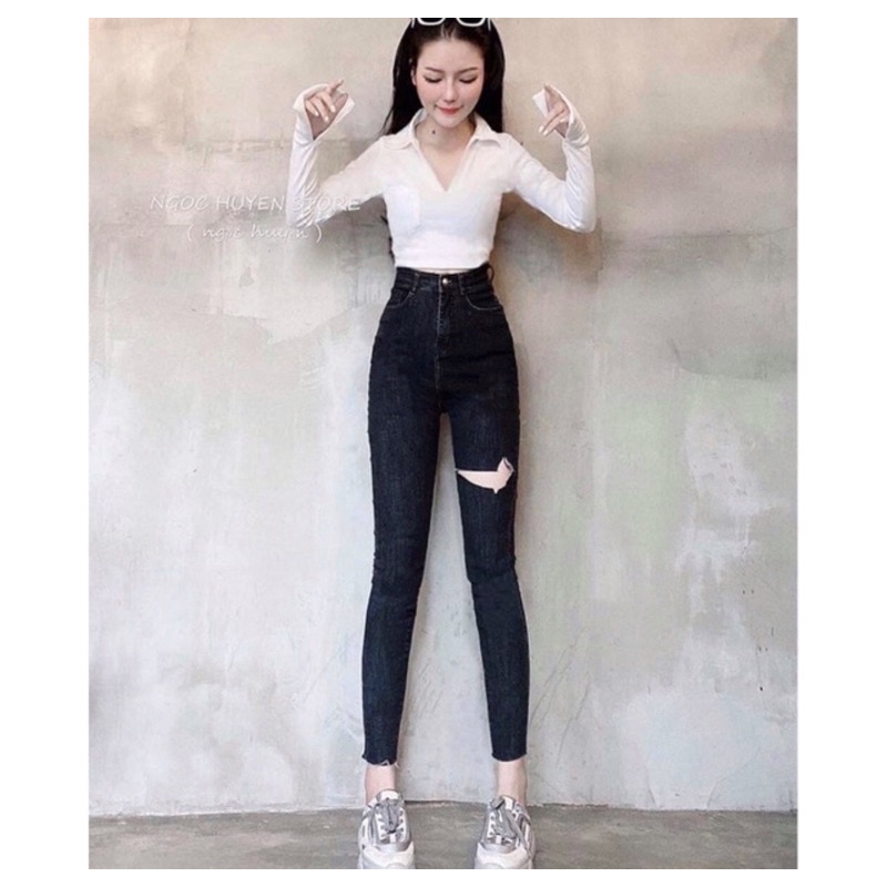 [Bigsize 32-36]  Quần Jean Skinny Màu Đen Rách Thời Trang, Jean Lưng Cao Qua Rốn-Co Giãn Mạnh