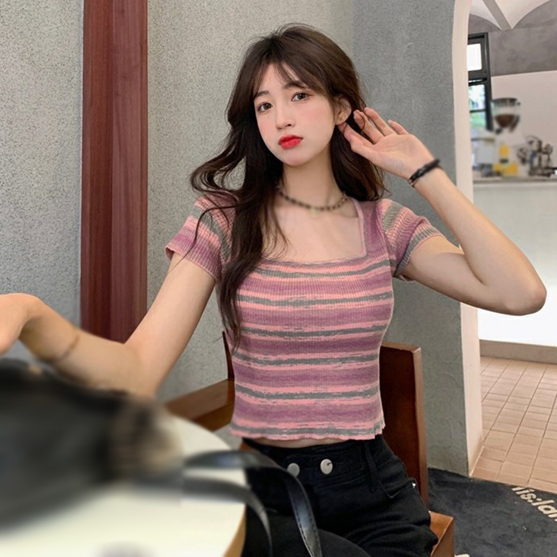 Áo Thun Ngắn Tay Họa Tiết Sọc Ngang Thời Trang Dành Cho Nữ