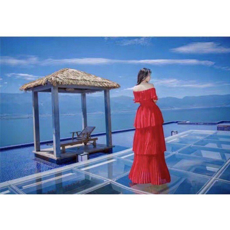 đầm maxi xếp ly bẹt vai hai màu | BigBuy360 - bigbuy360.vn