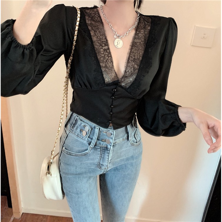 [Mã WASTUP giảm 10% tối đa 30K đơn 99K] SẴN Áo sơ mi cổ V viền ren hoa ôm eo tôn dáng cực sang J0061 | BigBuy360 - bigbuy360.vn