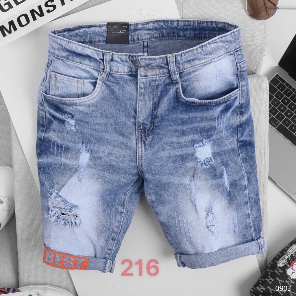 Quần short jean nam màu xanh nhạt, quần đùi nam rách chất vải denim không xù lông mẫu y hình T-FASHION 24H M216