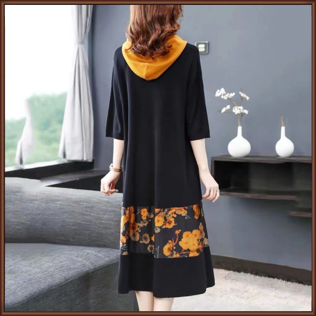 Đầm Hoodie Tay 3/4 Dáng Rộng In Họa Tiết Hoa Màu Tương Phản Thời Trang Cho Nữ