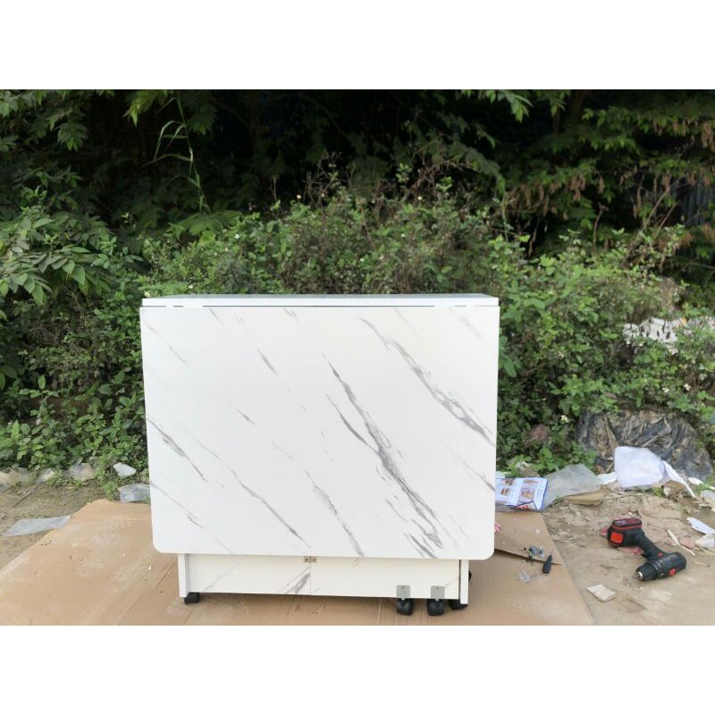 [ẢNH THẬT] Bàn ăn gỗ gấp gọn, Bàn ăn gỗ mặt vân đá có bánh xe dễ di chuyển | BigBuy360 - bigbuy360.vn