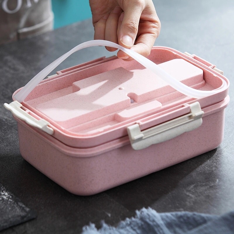 Hộp Đựng Cơm Lúa Mạch 3 Ngăn Kèm Thìa Đũa Inox