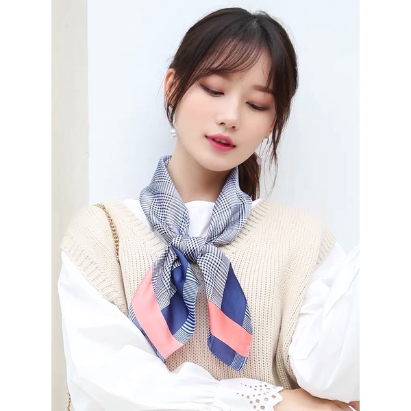 Khăn lụa vuông 70x70 turban quàng cổ,áo khăn yếm bandana thời trang đội đầu kẻ caro- Maben