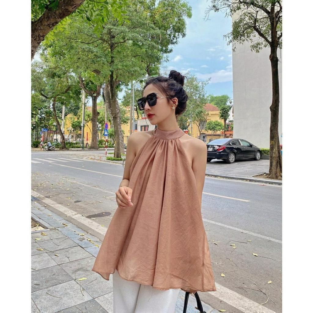 Áo kiểu nữ cổ yếm hở vai 2 lớp kèm dây đai, áo babydoll bánh bèo