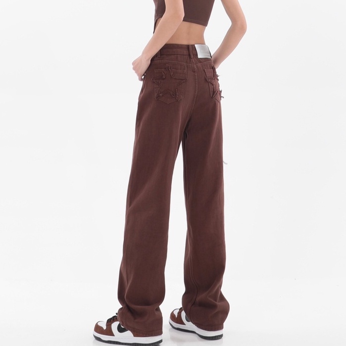 Quần jeans nâu cạp cao, quần jeans nữ dài ống rộng phong cách_j27