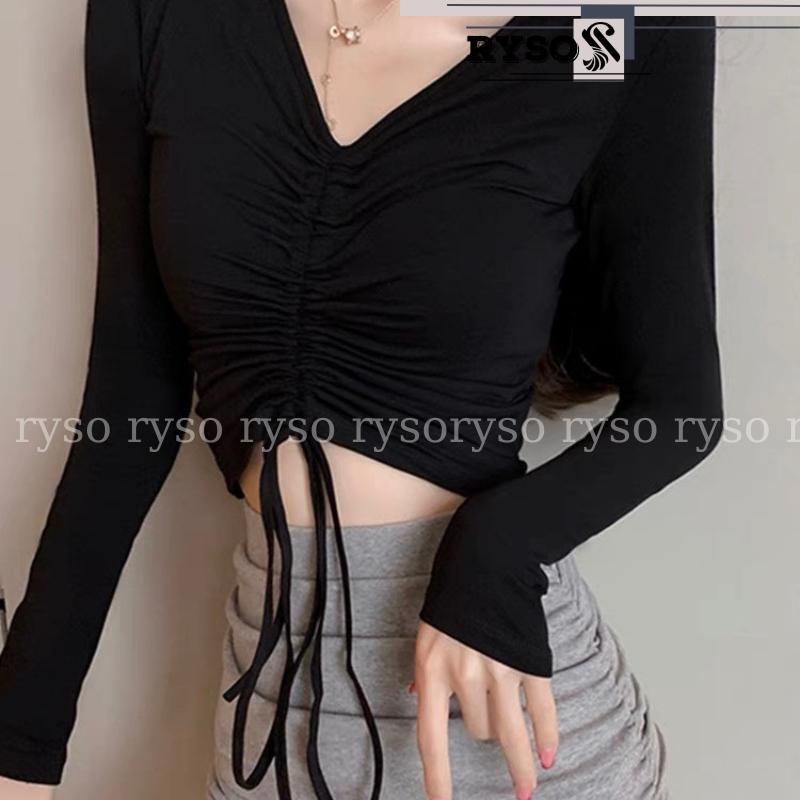 Áo Croptop Tay Dài Cổ Tim Rút Dây Kiểu Nữ Ôm Body Sexy CRT thun gân dày dặn cao cấp