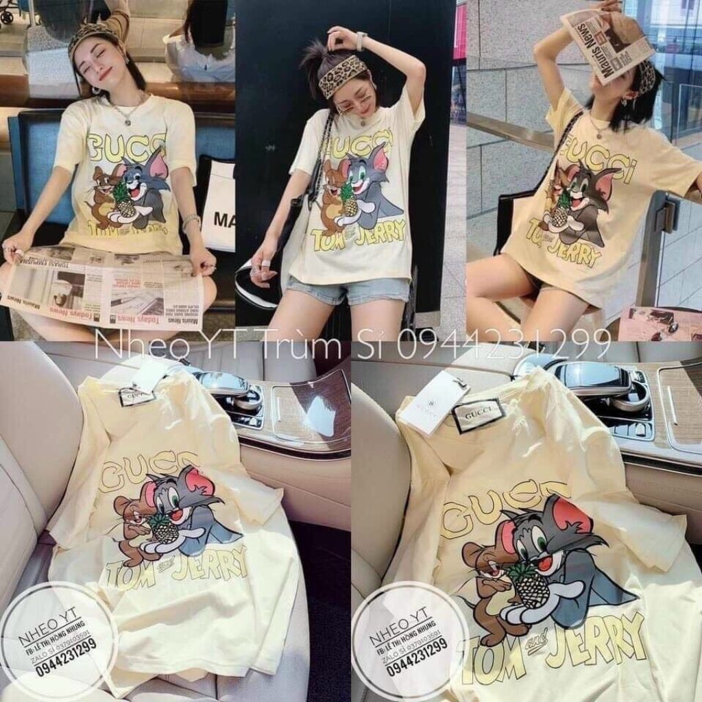 Áo Phông Ngắn Tay Form Rộng Freesize, Áo Thun Nữ Cổ Tròn In Hình Tom Và Jerry Chất Liệu Cotton Thoáng Mát Dưới 65kg