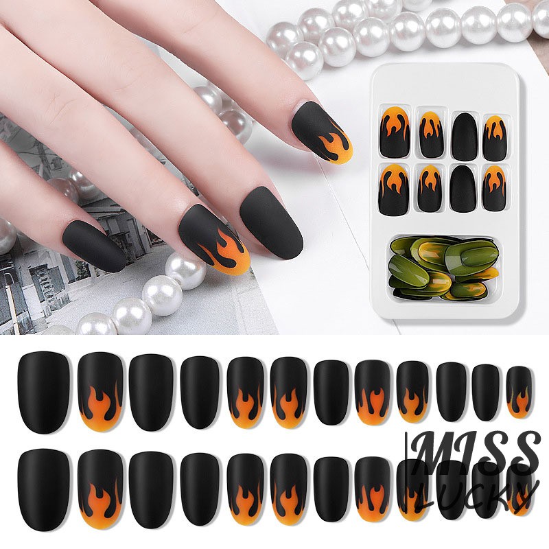 24 móng tay giả họa tiết ngọn lửa có keo dán sành điệu