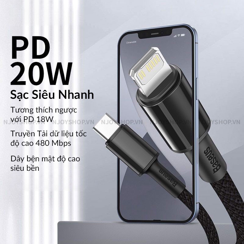 Cáp Sạc Nhanh Baseus Braided PD 20W Type C to Lightning Dây Dù Cho iPhone 11 Pro Max 12 Pro Max 13 Pro Max Njoyshop