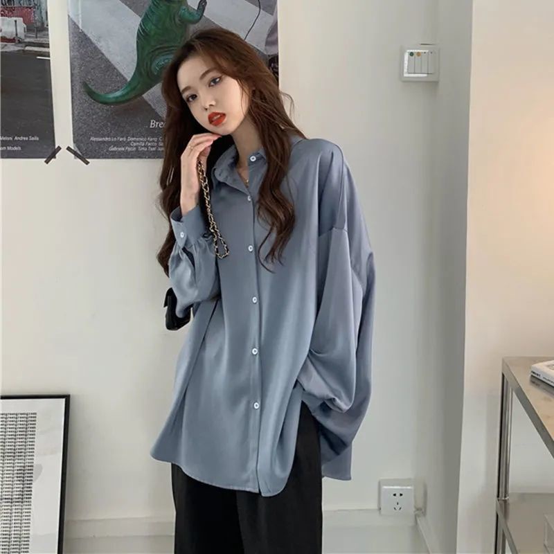Áo Sơ Mi Tay Dài Màu Xanh Dương Phong Cách retro Thời Trang Mùa Thu Xinh Xắn Cho Nữ