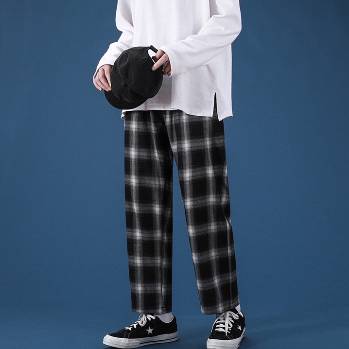 Quần Kẻ Caro Nam Nữ Ống Rộng Màu Đen Unisex Siêu Hot