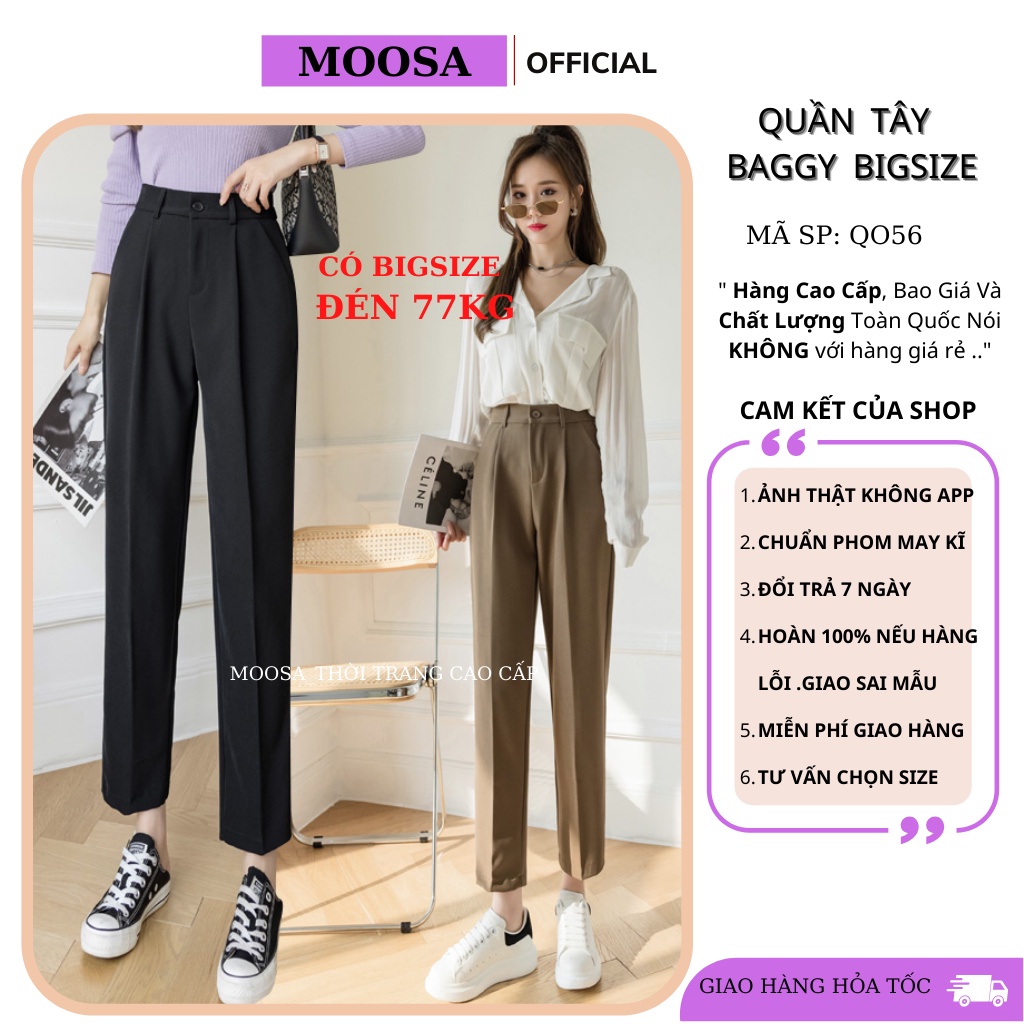 Quần Tây Nữ Bigsize Moosa Lưng Cao, Quần Vải baggy Công Sở Học Sinh Cạp Cao Có Đỉa