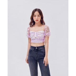 Áo croptop SheByShj tay bồng hoa cúc màu tím - Purple Daisy Top