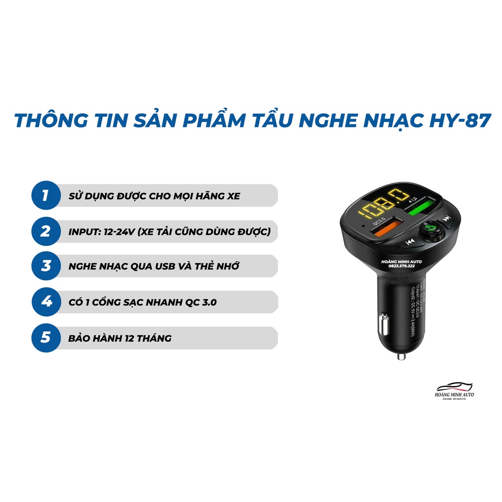 Tẩu nghe nhạc qua điện thoại, thẻ nhớ và USB, 2 cổng sạc HY-87