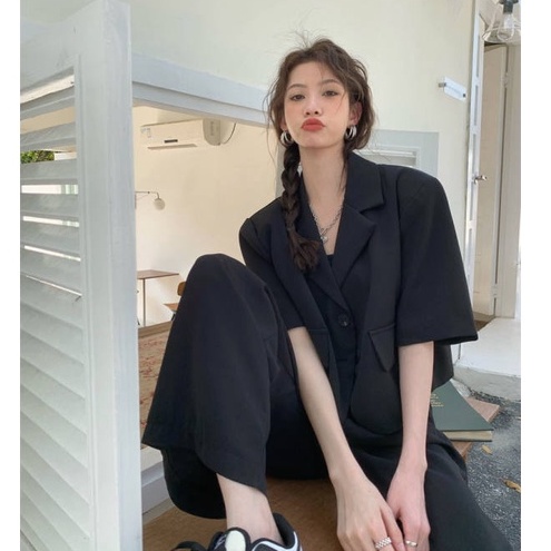 QADCOL  Áo Khoác blazer Tay Ngắn Màu Sắc Đơn Giản Cho Nữ