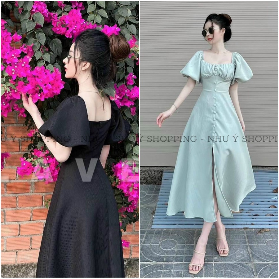 Đầm tay phồng đóng nút xẻ tà thanh lịch trẻ trung 3 màu free size dưới 55kg