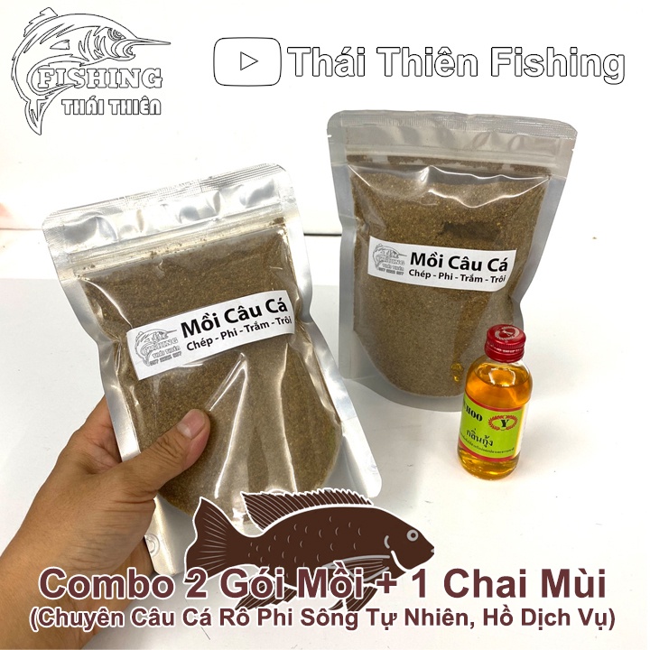 Combo 2 Gói Mồi Câu Cá Rô Phi, 1 Chai Tinh Mùi Thái Lan Dùng Câu Sông Tự Nhiên, Hồ Dịch Vụ