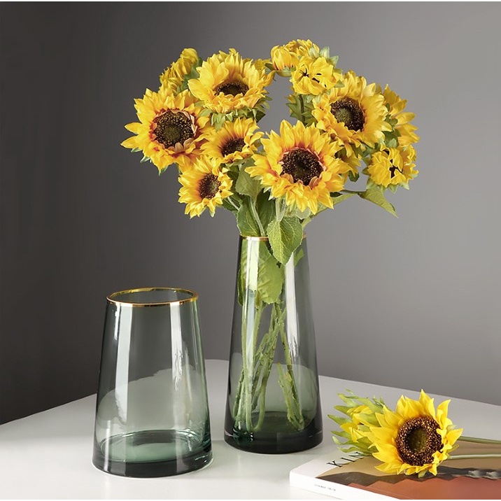 Bình Hoa Thủy Tinh Viền Vàng, Lọ Thủy Tinh cắm hoa cao 22cm, Bình cắm hoa trong suốt, lọ hoa thủy tinh decor