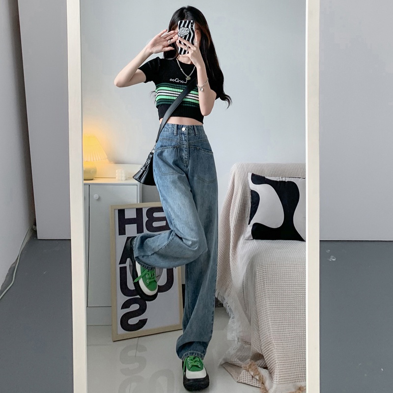 Quần Jeans Nữ Lưng Cao Ống Rộng Phong Cách Retro Thời Trang