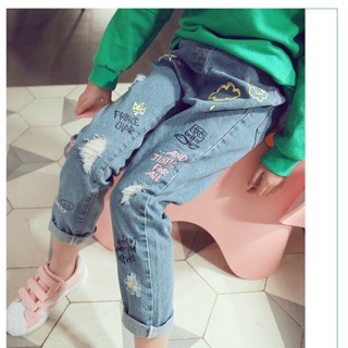 Quần Jean Bé Gái - SURIKIDS - Quần Dài Cho Bé Gái 15-35kg, Xé Rách Họa Tiết Dễ Thương, Phong Cách Hàn Quốc, JG05S