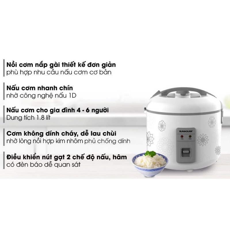 Nồi cơm nắp gài Sunhouse 1.8 lít SHD8603 Hàng chính hãng 100% bảo hành 12T sản phẩm là hàng trưng bầy như mới mới 99%