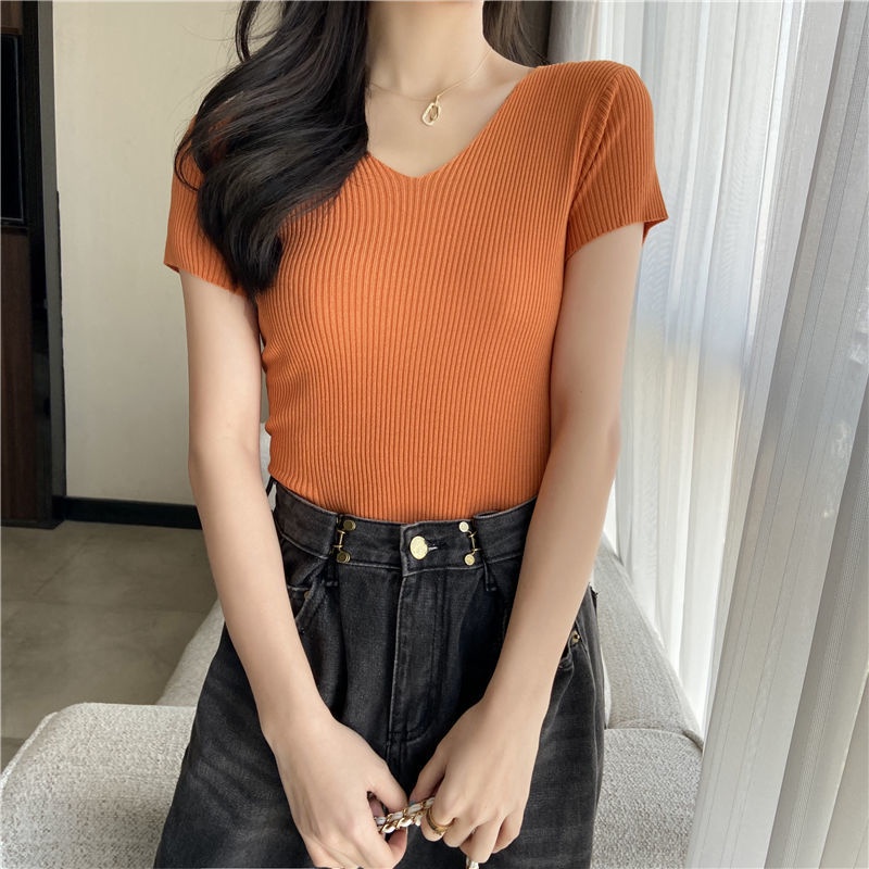 Fashion V-neck ice silk short-sleeved bottoming sweater thin top solid color T-shirt women's short-sleeved