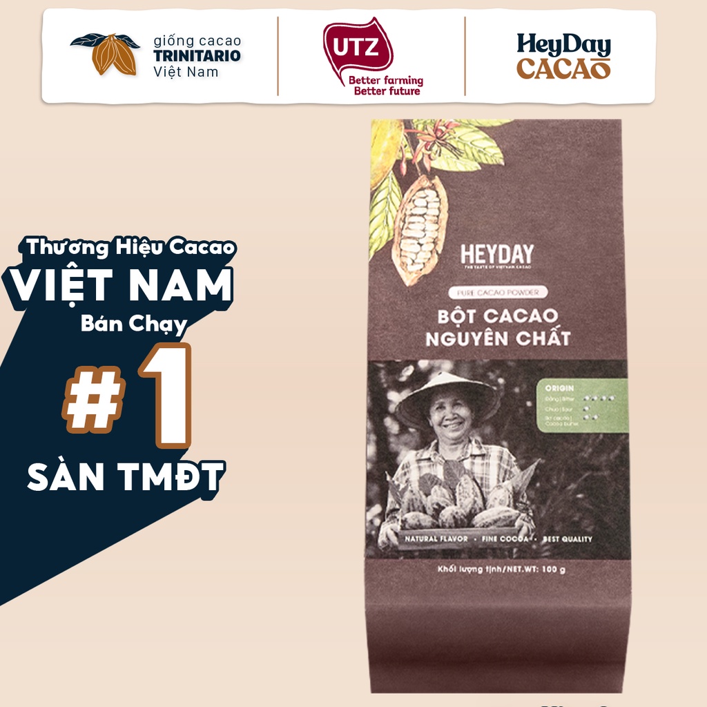 Bột cacao nguyên chất 100% không đường Heyday - Dòng Origin thượng hạng 100g - Chuẩn UTZ Quốc Tế