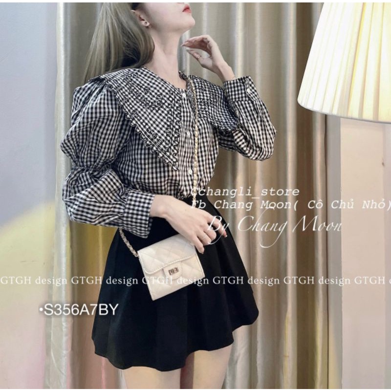 Set bộ váy xếp ly áo caro tay chun cổ bèo