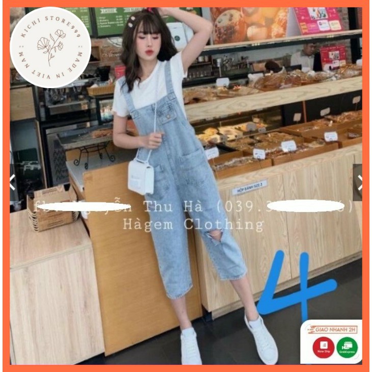 Quần Yếm Jean phối rách gối chất vải cao cấp Kichistore , Yếm Jean Nữ ống suông M09