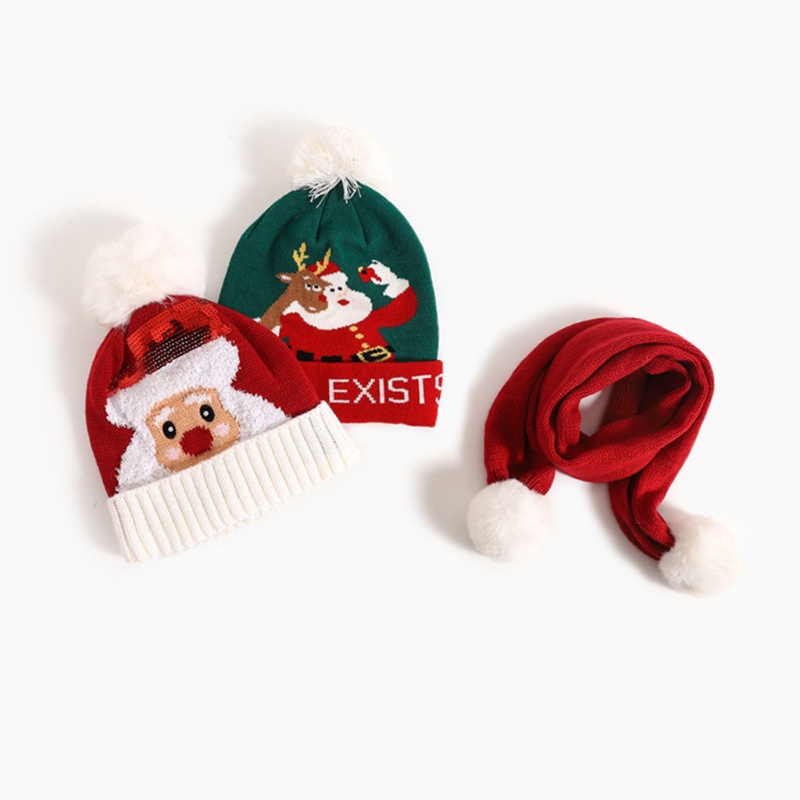 Bộ mũ len đính quả lông họa tiết tuần lộc/ông già noel và khăn choàng cổ đính sequin cho bé