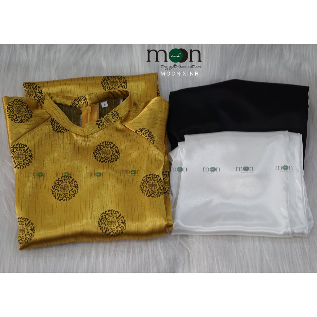 Áo dài xuân cho bé trai VNS 336 Moon Xinh Họa tiết chữ phúc may mắn Màu vàng đồng - Full Size - Gấm dệt mặt lụa