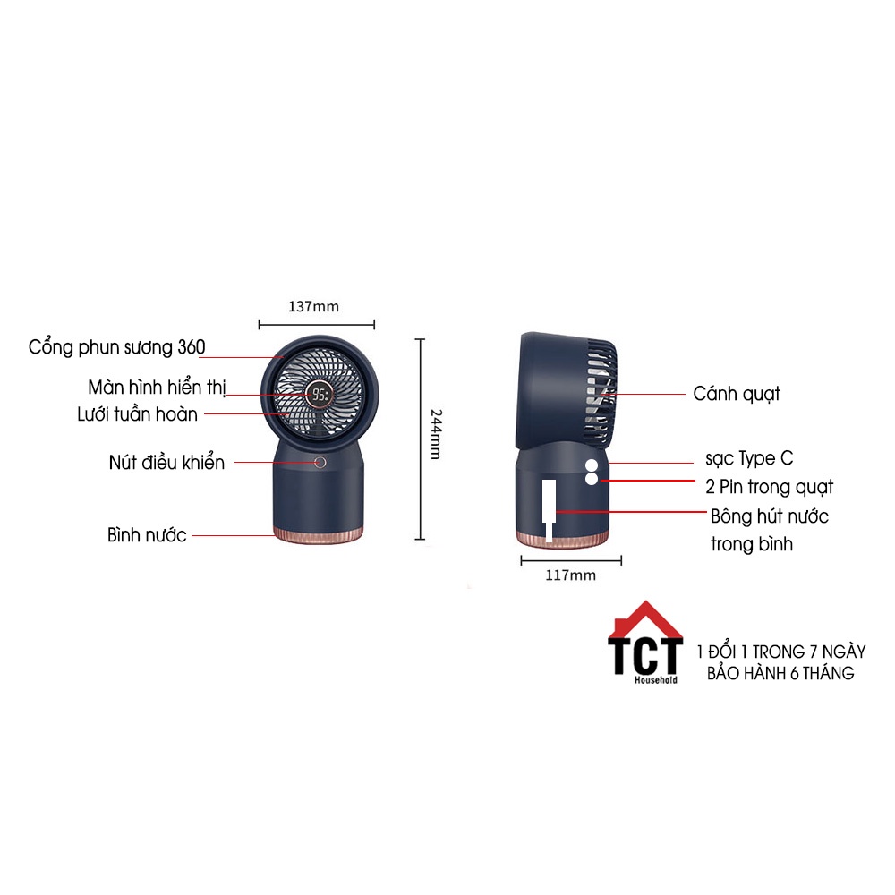 Quạt phun sương mini SL09 | Quạt Điều hoà Tích Điện Pin 3600mAh tạo độ ẩm làm mát khi ngủ, văn phòng, du lịch