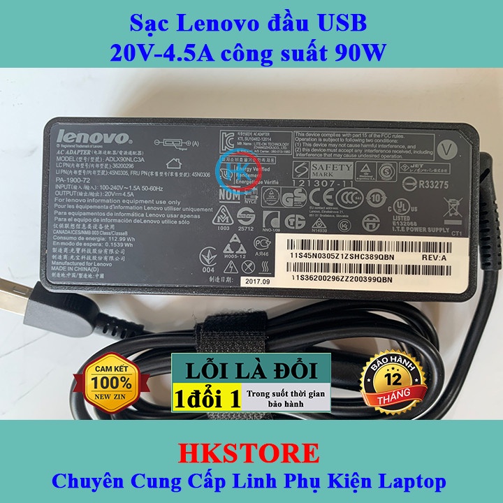 Sạc Laptop Lenovo 20V - 4.5A 90W chân vuông - USB dùng cho Lenovo T440 E531 X240 X230 G500 T540 G400 G500