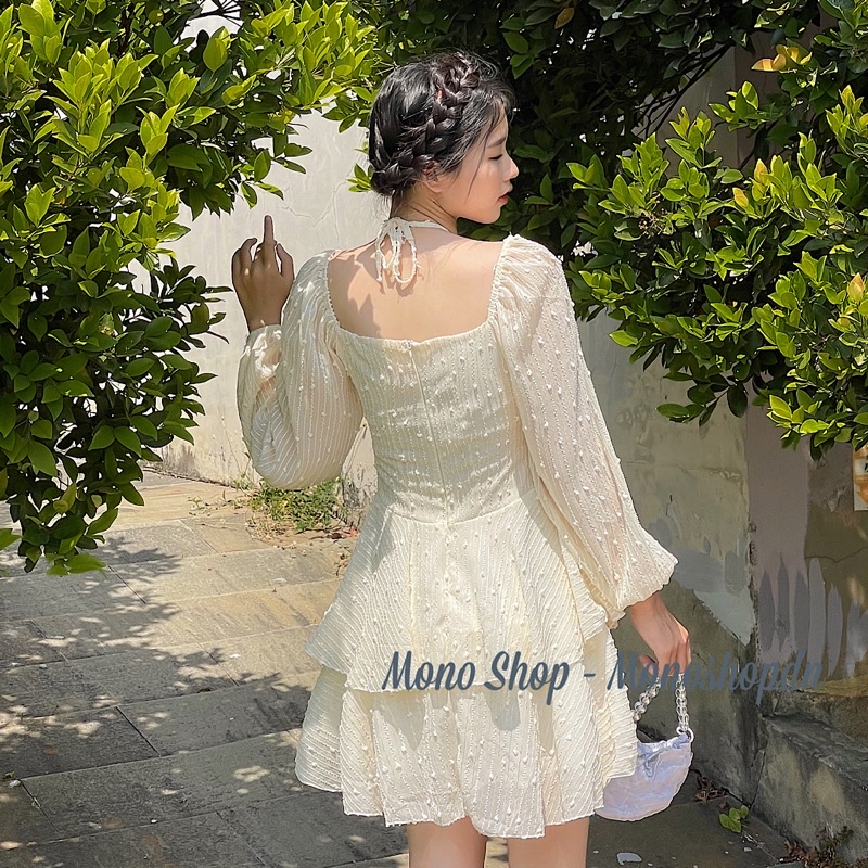 Đầm cổ yếm voan ren hạt tiểu thư dài tay 2 tầng tay bồng Ảnh thật/ sẵn | BigBuy360 - bigbuy360.vn